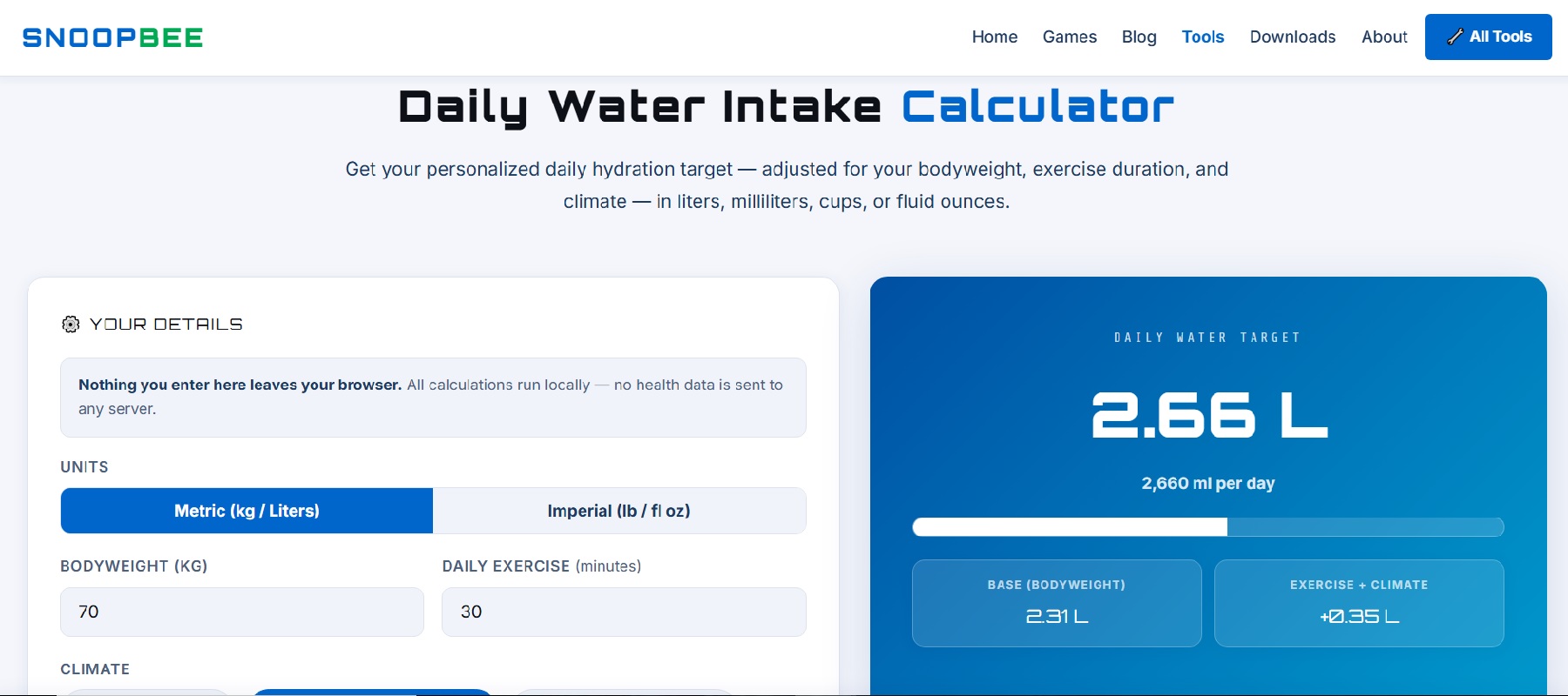 Daily water intake calculator interface showing personalized hydration target